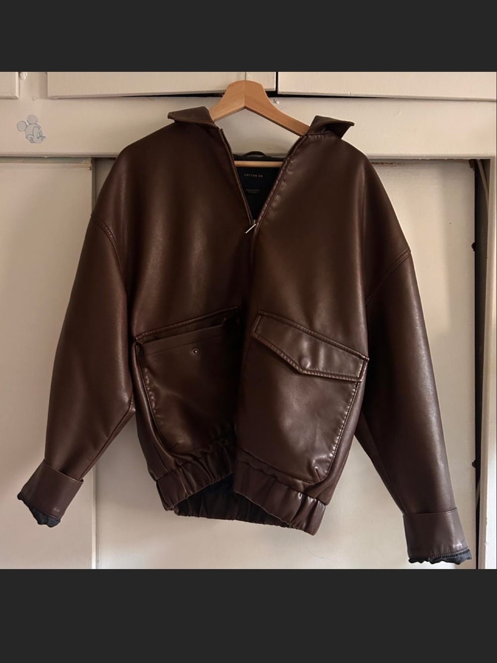 Cotton On Men's Dark Brown Faux Leather Bomber Jacket